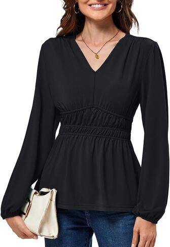 JASAMBAC Women's Elegant V Neck Peplum Tops Shirred Elastic Waist Long Sleeve Shirts Wrap Casual Business Work Blouses in Saudi Arabia