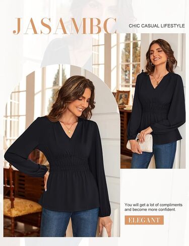JASAMBAC Women's Elegant V Neck Peplum Tops Shirred Elastic Waist Long Sleeve Shirts Wrap Casual Business Work Blouses in Saudi Arabia