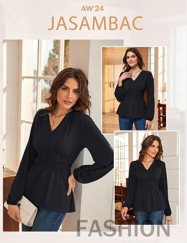 JASAMBAC Women's Elegant V Neck Peplum Tops Shirred Elastic Waist Long Sleeve Shirts Wrap Casual Business Work Blouses in Saudi Arabia