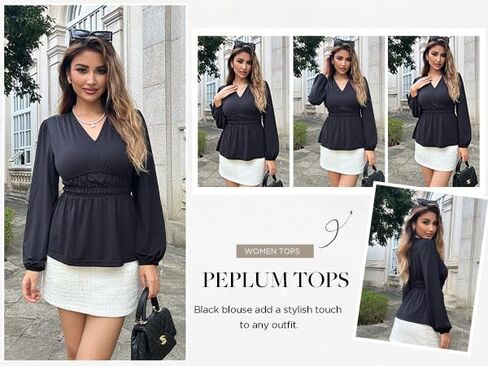 JASAMBAC Women's Elegant V Neck Peplum Tops Shirred Elastic Waist Long Sleeve Shirts Wrap Casual Business Work Blouses in Saudi Arabia