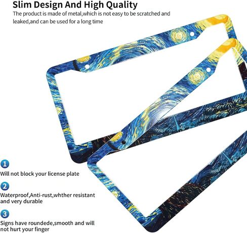 License Plate Frame Starry Night Van Gogh License Plate Frames,Decorative Aluminum Car Tag Frames for Women Stainless Metal License Plate Holder 2Pack 2 Hole with Screw US Standard 12''x6'' in Kuwait
