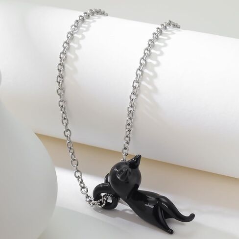 Black Cat Hand Blown Glass Black Kitty Necklace and Pendant Handmade Glass Pendant in Saudi Arabia