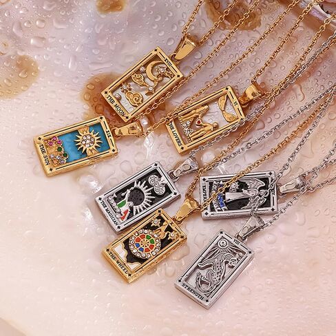 Tarot Card Necklace 18k Gold Plated Tarot Cards Pendant Necklace Vintage Colorful Charm Necklace Lucky Talisman Hypoallergenic Tarot Necklace for Women and Men Gift in Kuwait