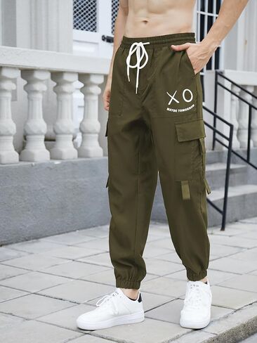 OYOANGLE Men's Cargo Pants Drawstring Elastic Waist Flap Pocket Casual Street Pants in Saudi Arabia