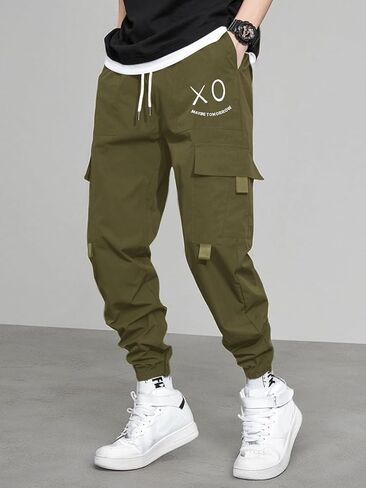 OYOANGLE Men's Cargo Pants Drawstring Elastic Waist Flap Pocket Casual Street Pants in Saudi Arabia