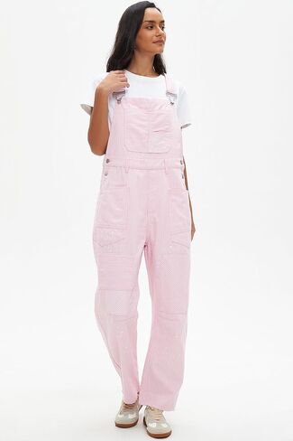 D-Sun Women's Striped Overall Casual Wide Leg Barrel Bib Overall Pants Adjustable Straps Romper Stretch Jumpsuits in Saudi Arabia