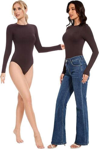 FULLSOFT Long Sleeve Bodysuit for Women Round Neck Casual Stretchy Basic Shirts Crew Neck Body Suits Tops in Saudi Arabia