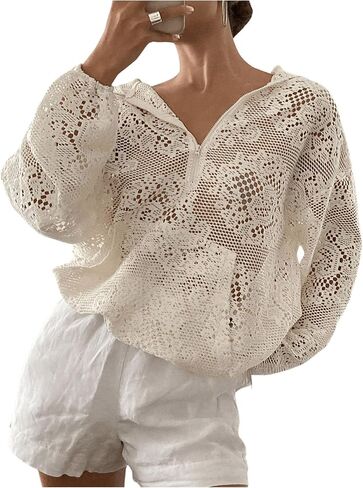 MakeMeChic Women's Lace Sheer Hollow Out Hooded Sweatshirts Half Zip Loose Hoodie Tops in Saudi Arabia