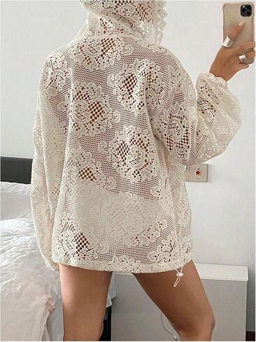 MakeMeChic Women's Lace Sheer Hollow Out Hooded Sweatshirts Half Zip Loose Hoodie Tops in Saudi Arabia