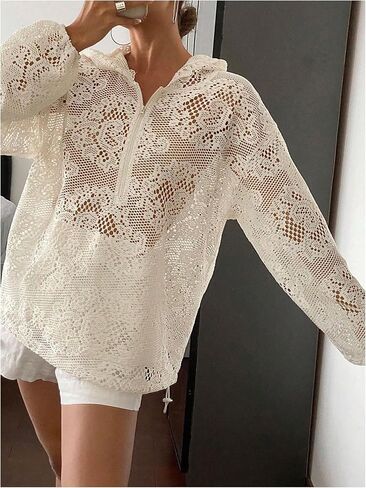MakeMeChic Women's Lace Sheer Hollow Out Hooded Sweatshirts Half Zip Loose Hoodie Tops in Saudi Arabia