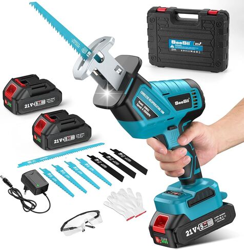 Seesii Reciprocating Saw, 2 * 2000mAh Batteries, 3500RPM Brushless Power Cordless Reciprocating Saw with LED Light, Tool-free Blade Change 8 Saw Blades Portable Reciprocating Saw for Wood PVC Cutting in Saudi Arabia