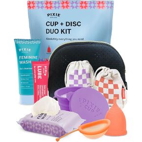 Pixie Menstrual Cup & Disc Duo Kit - Ranked 1 for Most Comfortable Reusable Period Cup & Disc - Buy One We Give One - with Ebook Guide, Flushable Wipes, Lube, Feminine Wash, Carry Cup & Storage Bag