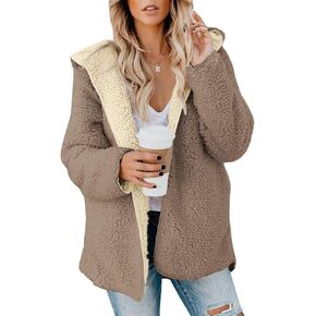 ReachMe Womens Sherpa Jacket Oversized Fleece Jacket Teddy Coats with Pockets Open Front Hooded Fuzzy Cardigan