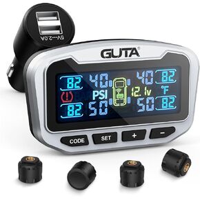 GUTA RV Tire Pressure Monitoring System, Trailer TPMS, 4 Sensors, 6 Alert Modes, Long Range Signal, CLA Charging & 2 USB-A Outputs, Adjustable LCD Display, Ideal for RV Truck Trailer Camper (0-188psi)