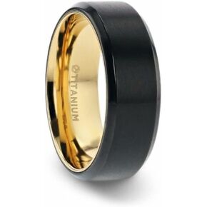 Mens Black Titanium Flat Brushed Yellow Gold Plating Interior Wedding Ring - Polished Beveled Comfort Fit - 8mm Wide - Style Name: Velvet