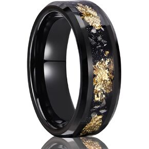 Black Tungsten Carbide Rings for Men Women 8mm/6mm Men's Wedding bands Inlaid with Gold Foil Meteorite Fragments, High Polishing and Comfortable fit