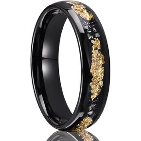 Black Tungsten Carbide Rings for Men Women 8mm/6mm Men's Wedding bands Inlaid with Gold Foil Meteorite Fragments, High Polishing and Comfortable fit
