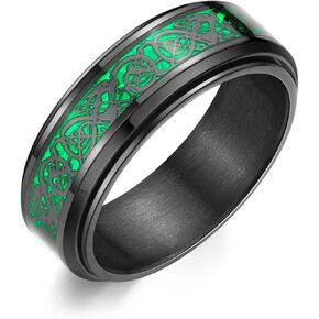 8mm Black Stainless Steel Anxiety Ring for Women Men Fidget Spinner Ring Beveled Edge Red Celtic Dragon Inlay Comfort Fit Wedding Band