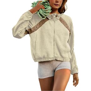Women's Winter Fleece Jackets Zip Up Oversized Sherpa Coats Fuzzy Patch Outerwear with Pockets