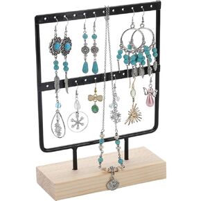 SUNNYCLUE Earring Stands 2 Tier Earring Display Stand 8.3inch Small Jewelry Organizer 24 Hole Black Earring Holder Stand Jewelry Rack Solid Wood Base Jewelry Tree for Hanging Dangle Earrings Ear Stud