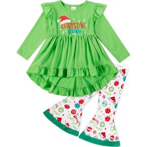 Toddler Girl Christmas Outfit Christmas Crew Green Ruffle Long Sleeve Top Christmas Pattern Bell Pants 2pcs Sets
