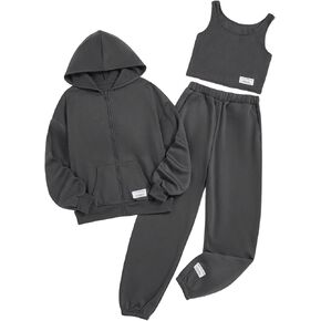 Floerns Girl's 3 Piece Outfit Letter Patch Hoodie Jacket and Camisole Sweatpants Set