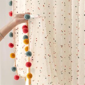 Boho Rainbow Sheer Curtain with Colorful Pom Pom Voile Drapes Light Filtering Faux Linen Stripe Pompom Rod Pocket Window Drapes for Boys/Girls Bedroom/Nursery 2 Panels (W42 X L84 Inch-2PCS,White)