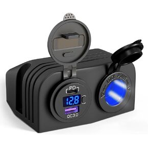 [ترقية 2025] موزع ولاعة السجائر BlueFire، شاحن سيارة سريع USB QC3.0 نوع C 20 وات PD مزدوج، محول مقسم السيارة 24 فولت/ 12 فولت مع مفاتيح وشاشة عرض جهد LED لسيارة قارب شاحنة بحرية RV