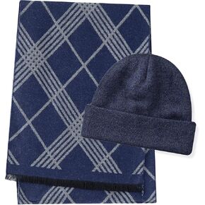 CALVIN & OLIVIA Mens Winter Warm Long Soft Scarf Plaid Tassel Scarf for Men Soft Classic Scarves Navy Grey Plaid Set