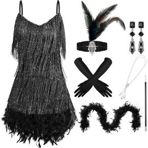 7 Pcs 1920s Flapper Accessories for Women Black Feather Boa V Neck Dress Earrings Headwear Gloves Necklace