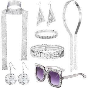 70s Disco Accessories for Women Disco Costume Jewelry Set Disco Headband Sequin Scarf Sunglasses Bracelet Earrings