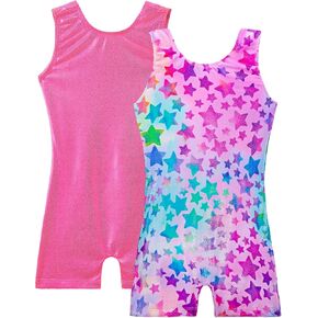 TENVDA 2 Pack Gymnastics Leotards for Girls 2t 3t Sparkly Hot Pink Stars Print Tumbling Biketard with Shorts Unitard