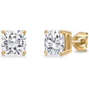 Gem Stone King 2.40 Cttw 14K Yellow Gold Asscher Cut 6MM White Moissanite Double Notch Stud Earrings | Gold Earrings For Women Men