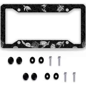 Sea Turtle License Plate Frames & Covers -1 Piece Ocean Waves Coral Black Aluminum Metal Automotive Exterior Decorative Accessories for Front and Rear Car Tags with Screws 12.3" X 6.3" for Men Women