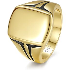 Customizable Name Signet Ring for Men 14K Gold Plated|925 Sterling Silver Mens Ring Classic Square Signet Engagement Ring Wedding Band for Men Polished Finish Width Band 10mm Size 7-12