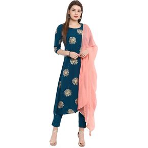 Janasya Indian Women's Tunic Tops Crepe Kurti Set With Dupatta for Women Turquoise