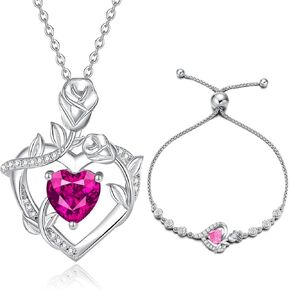 AGVANA October Birthstone Jewelry Pink Tourmaline Necklace Bracelet for Women Sterling Silver CZ Rose Flower Heart Pendant Mothers Day Gifts for Mom Anniversary Birthday Gifts for Girls Her