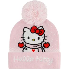 Hello Kitty Beanie Hat, Adult Women's Cuffed Knit Cap with Pom, Snowman Design, Pink, One Size