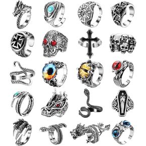 Helicopchain 20Pcs Vintage Punk Rings for Men Women Adjustable Open Gothic Knuckle Rings Set Y2K Rings Frog Snake Dragon Claw Peacock Rings Retro Jewelry Rings