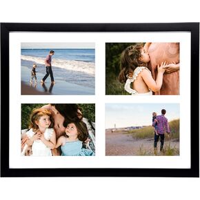 Golden State Art, 12x16 Black Wood Collage Picture Frame - Picture Frame with White Mat Displays Four 5x7 Photos - Collage Frame - Tempered Glass, Sawtooth Hanger, Swivel Tabs - Wall Mounting