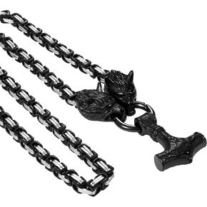 OIDEA Viking Mjolnir Necklace for Men with Wolf Head King Chain, Stainless Steel Viking Amulet Thors Hammer Necklace Norse Pagan Jewelry,22 inch Chain