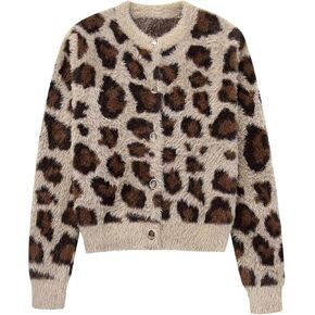 Arssm Womens Leopard Printed Cardigans 2024 Crewneck Printed Fluffy Sweaters Long Sleeve Fuzzy Sweater Knitwear