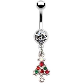 Christmas Tree Belly Button Bar 14g Dangle Belly Piercings 316L Stainless Steel Navel Bars Navel Piercing Jewelry Belly Button Rings for Women