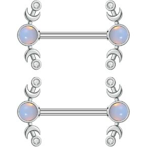 Kokoma 14G CZ Heart Nipple Rings Rhinestone Opal Simple Moon Nipple Shield Barbell Ring Nipple Barbells Tongue Ring Piercing Nipplerings Dainty Body Piercing Jewelry for Women