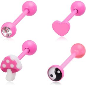 4Pcs Cute Pink Stainless Steel Tongue Rings for Women Heart Mushroom Tai Chi Round CZ Tongue Barbell Cartilage Earring Tongue Piercing Jewelry