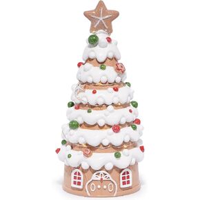 Hodao Christmas Village House Decorations Gingerbread House with Christmas Tree Theme, Battery-Powered (2 AAA) 8.6" H Resin Christmas Tree Decor for Indoor Festive Home or Christmas Party (Tree-1)