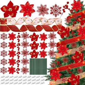 116 Pcs 5 Style Christmas Gold Glitter Artificial Poinsettias Flowers Faux Snowflake Berries with Clips Stems and 10.8 Yards Ribbon for DIY Xmas Tree Wreath Holiday Party Decor