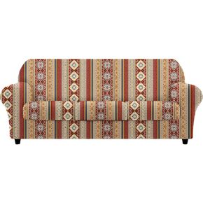 Boho Stripe Stretch Sofa Cover, 4 Pieces Soft Couch Cover with 3 Separate Cushion Covers, Vintage Brown Sofa Slipcover, Washable Sofa Covers Furniture Protector for Living Room