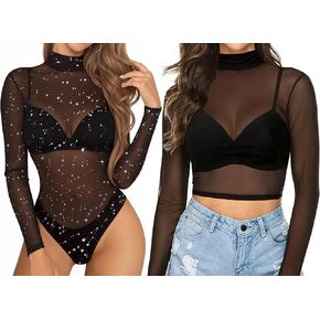 MANGOPOP Women's Glitter Sheer Mesh Bodysuit Short Long Sleeve Body Suits See Through Clubwear Tops