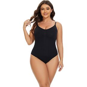 QOU Women Plus Size Slimming Bodysuits Shapewear Tops Tummy Control Body Shaper Spaghetti Strap Bodycon Jumpsuit